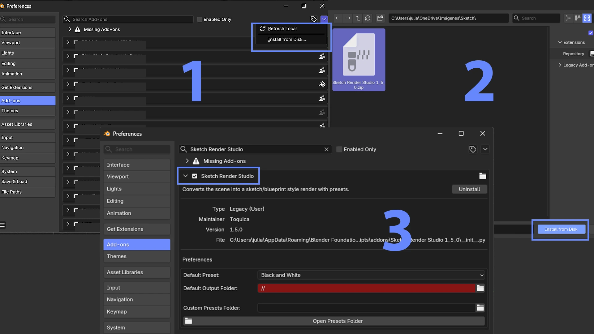 Edit > Preferences > Add-ons panel with Sketch Render Studio enabled
